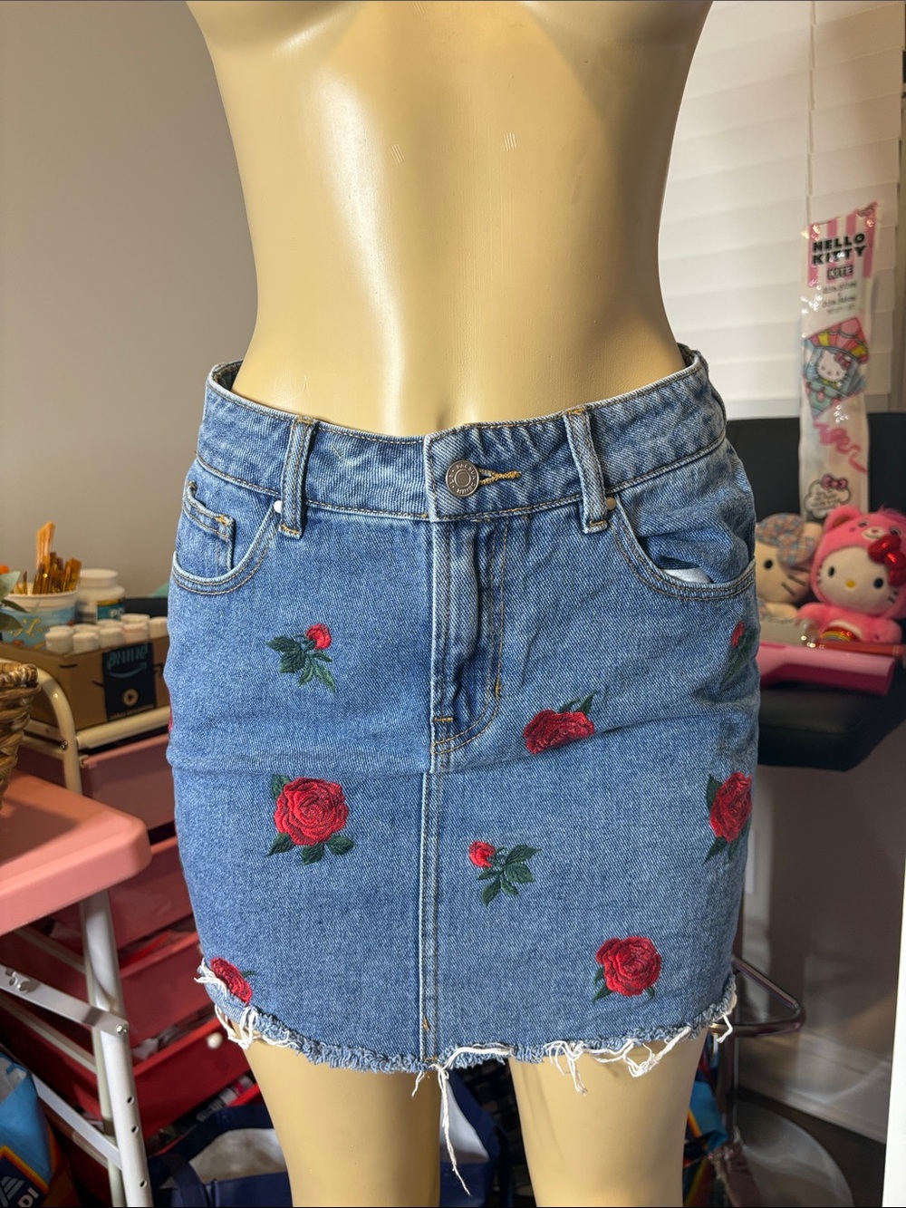 PacSun Blue Denim Mini Skirt with Red Rose Embroidery